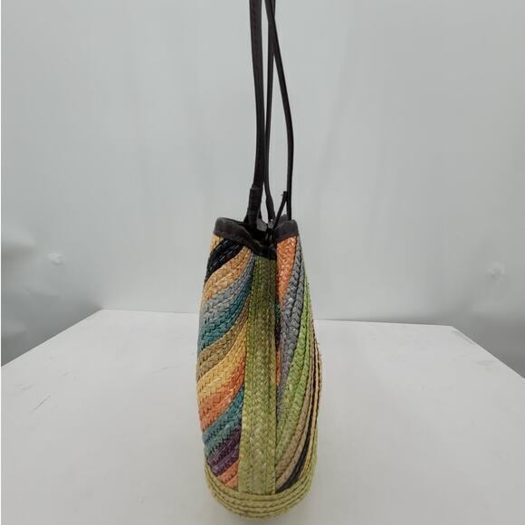 Vintage Rainbow Diagonal  Striped Double Top Handle‎ Straw Handbag Purse - Picture 3 of 10